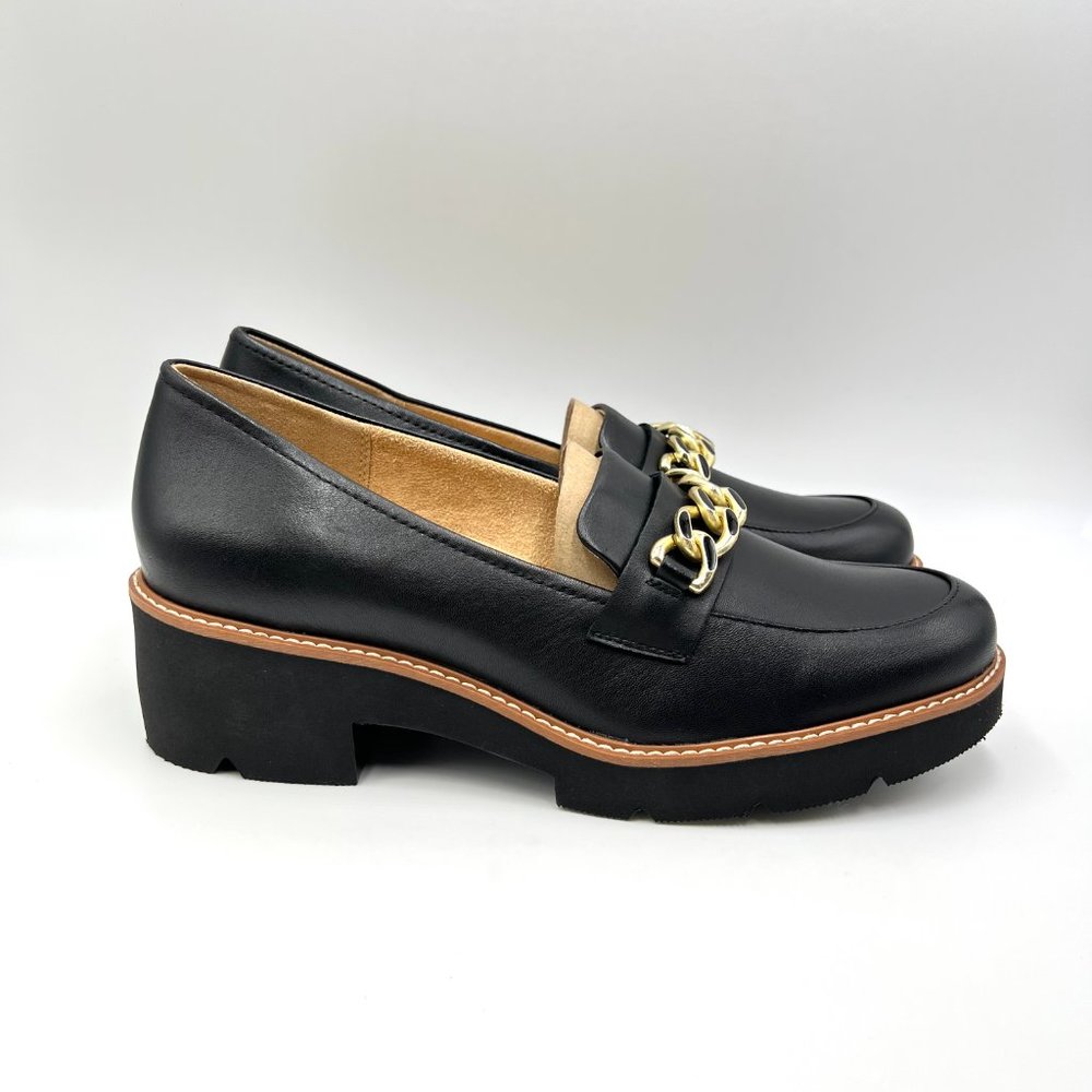 Naturalizer Womens 10.5 Desi Black Leather Lug Sole Gold Bit Chain Loafers Shoes